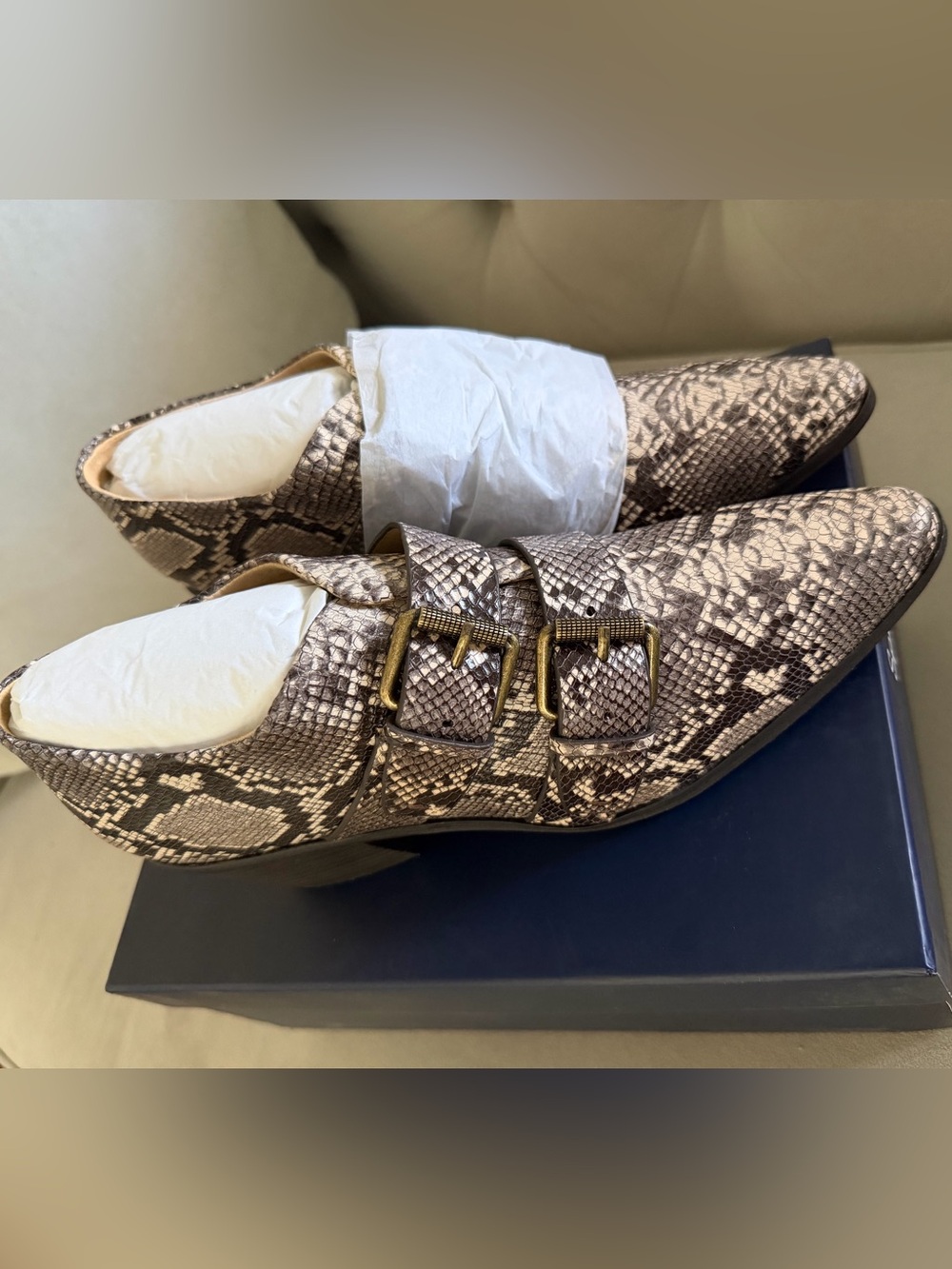 Splendid Snake-Print Double Buckle Mules in Metallic Taupe